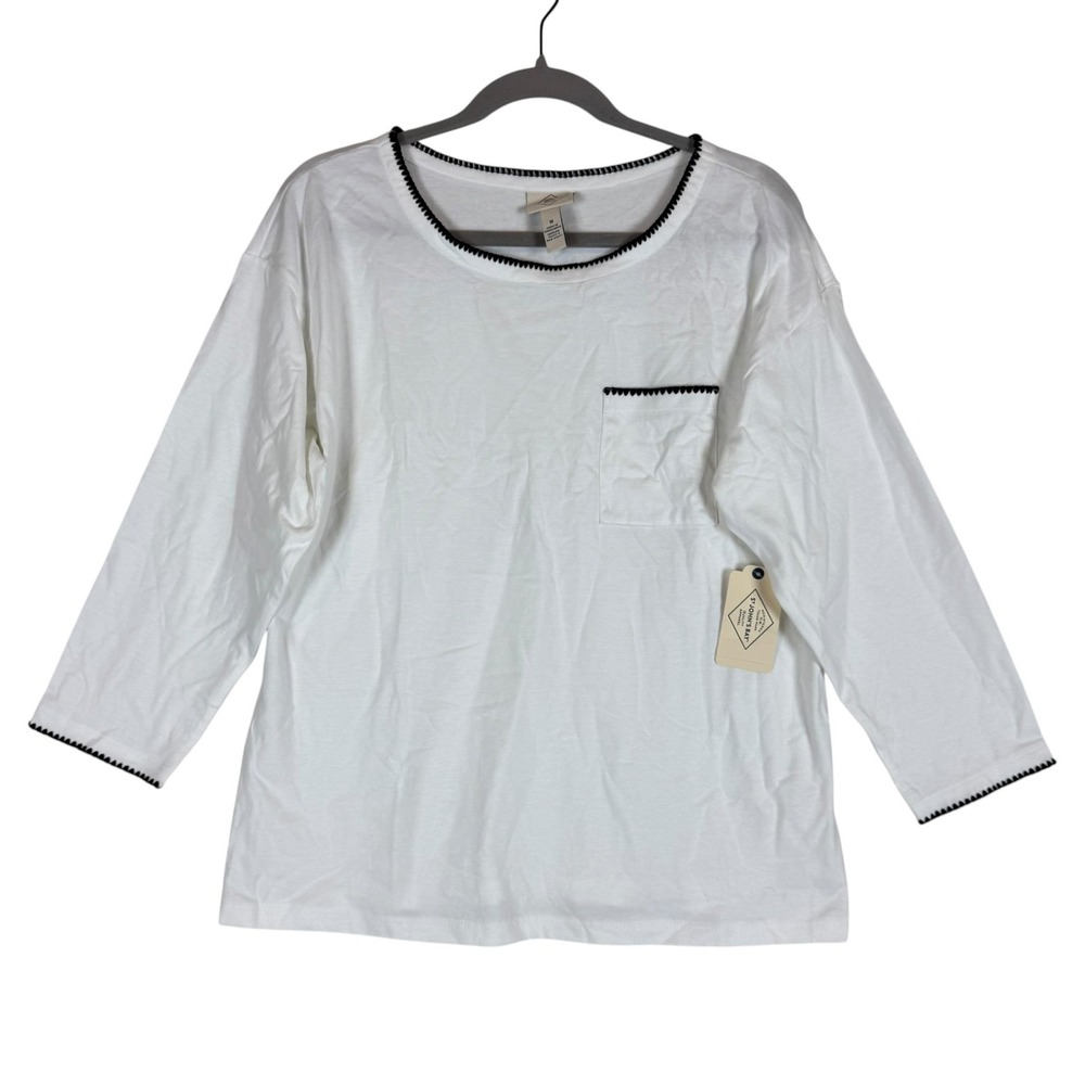 St. John's Bay Shirt Womens Medium White Ringer 3/4 Sleeve Pocket Cotton